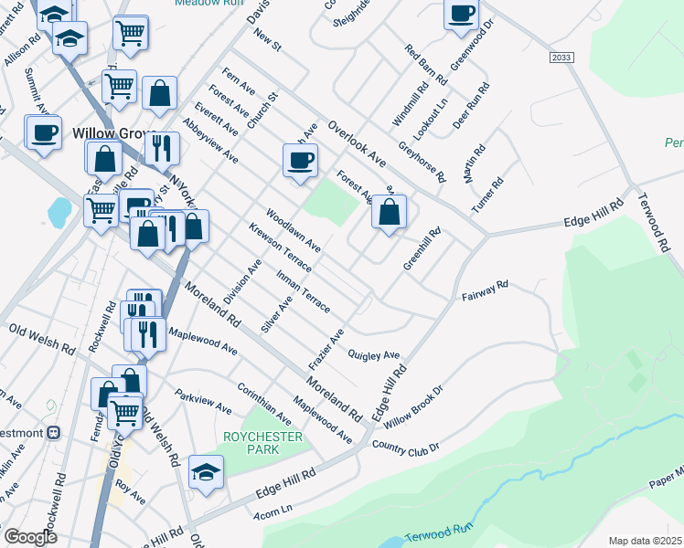 map of restaurants, bars, coffee shops, grocery stores, and more near 412 Woodlawn Avenue in Willow Grove