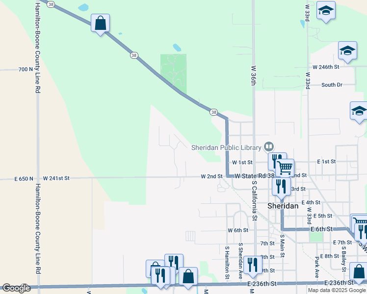 map of restaurants, bars, coffee shops, grocery stores, and more near 800 Ginger Lane in Sheridan