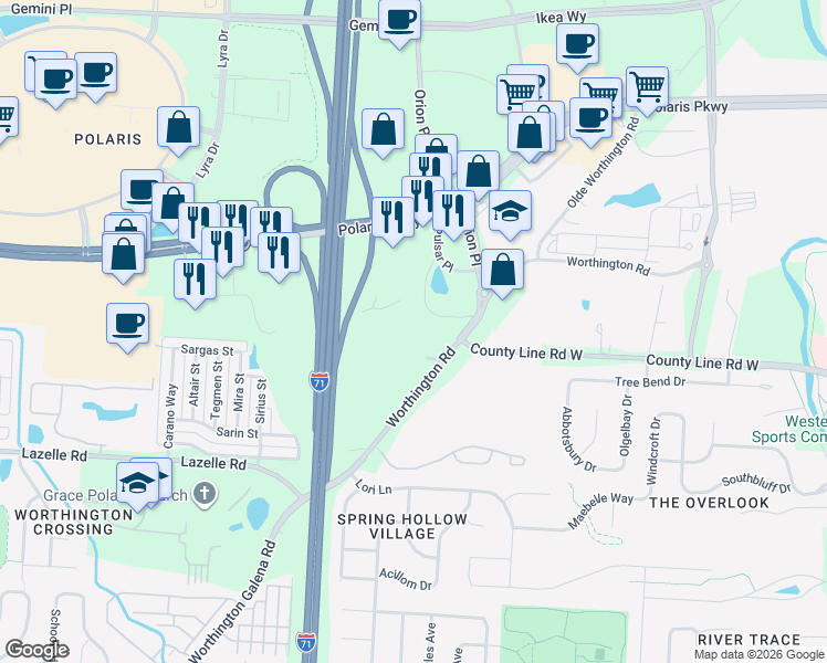 map of restaurants, bars, coffee shops, grocery stores, and more near 8411 Pulsar Place in Westerville
