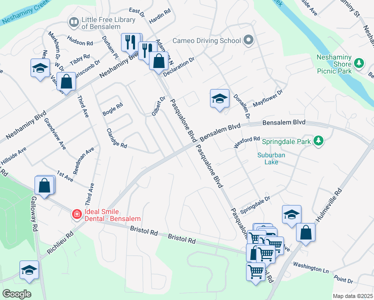 map of restaurants, bars, coffee shops, grocery stores, and more near 3306 Glendale Drive in Bensalem