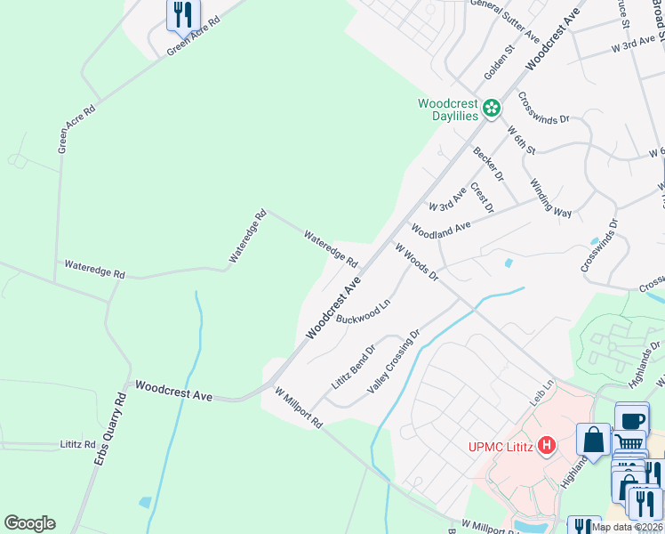 map of restaurants, bars, coffee shops, grocery stores, and more near 718 Woodcrest Avenue in Lititz