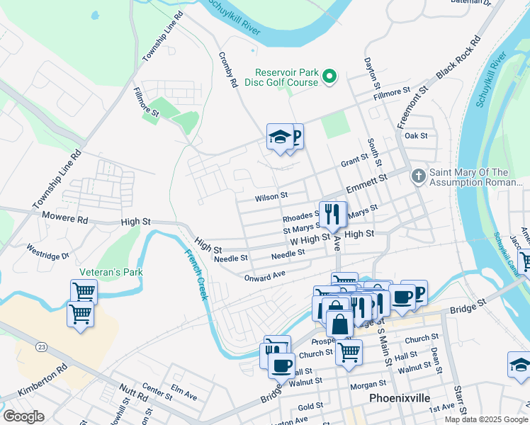 map of restaurants, bars, coffee shops, grocery stores, and more near 520 Emmett Street in Phoenixville