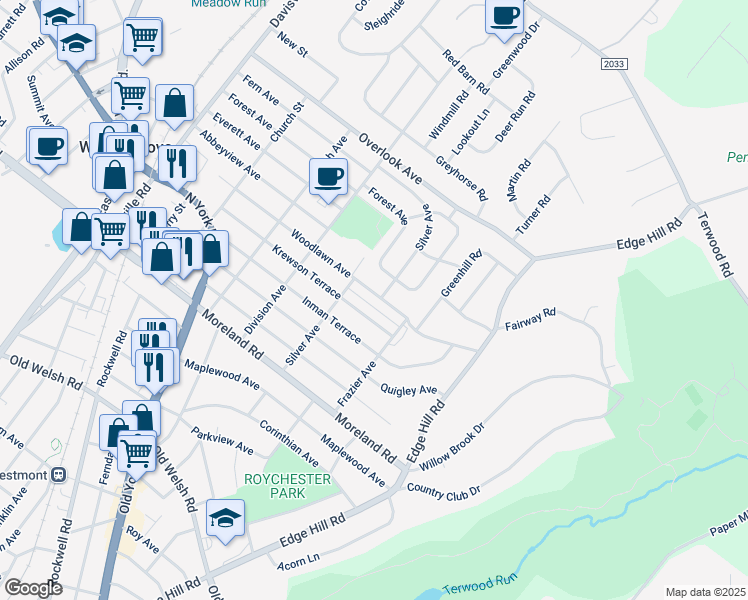 map of restaurants, bars, coffee shops, grocery stores, and more near 412 Woodlawn Avenue in Willow Grove