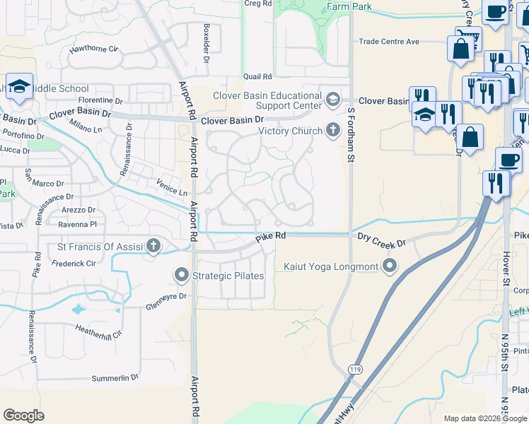 map of restaurants, bars, coffee shops, grocery stores, and more near 1490 Clover Creek Drive in Longmont