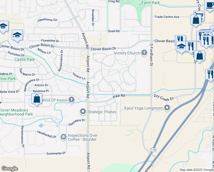 map of restaurants, bars, coffee shops, grocery stores, and more near 3614 Clover Creek Lane in Longmont