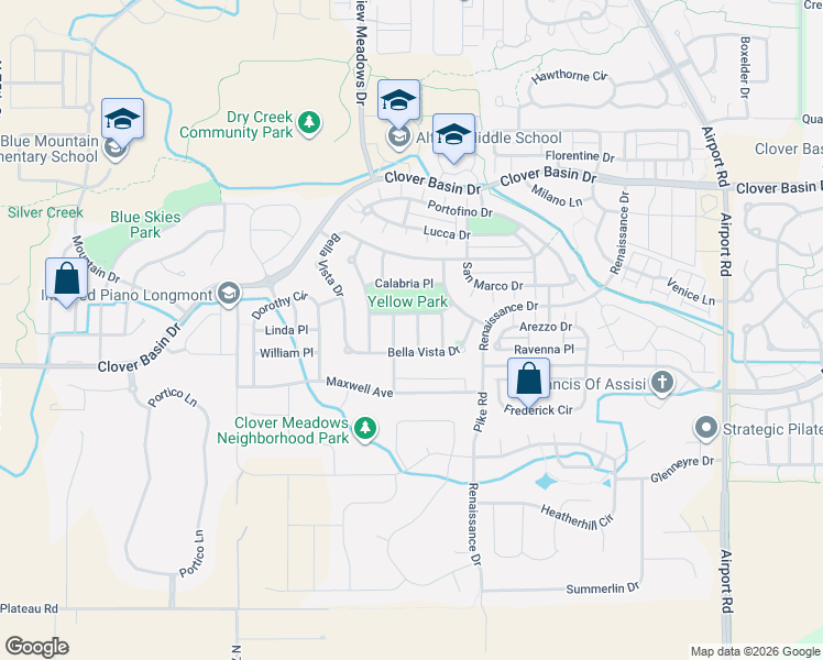 map of restaurants, bars, coffee shops, grocery stores, and more near 1721 Tuscany Court in Longmont