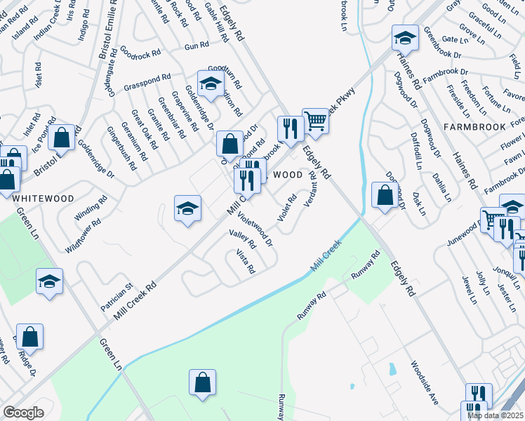 map of restaurants, bars, coffee shops, grocery stores, and more near 6750 Mill Creek Road in Levittown