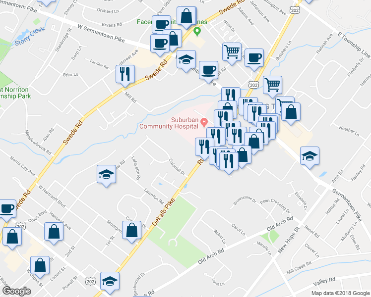 map of restaurants, bars, coffee shops, grocery stores, and more near 4 Colonial Circle in Norristown