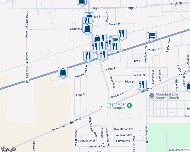 map of restaurants, bars, coffee shops, grocery stores, and more near 1851 West Grant Street in Piqua