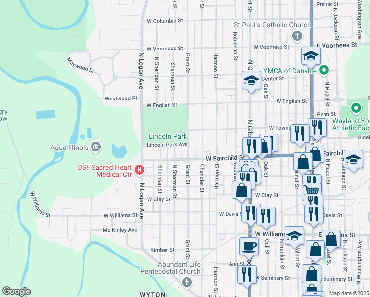 map of restaurants, bars, coffee shops, grocery stores, and more near 701-799 W Fairchild St in Danville