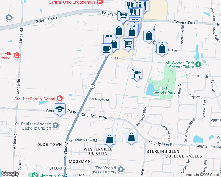 map of restaurants, bars, coffee shops, grocery stores, and more near 146 Maplebrooke Drive North in Westerville
