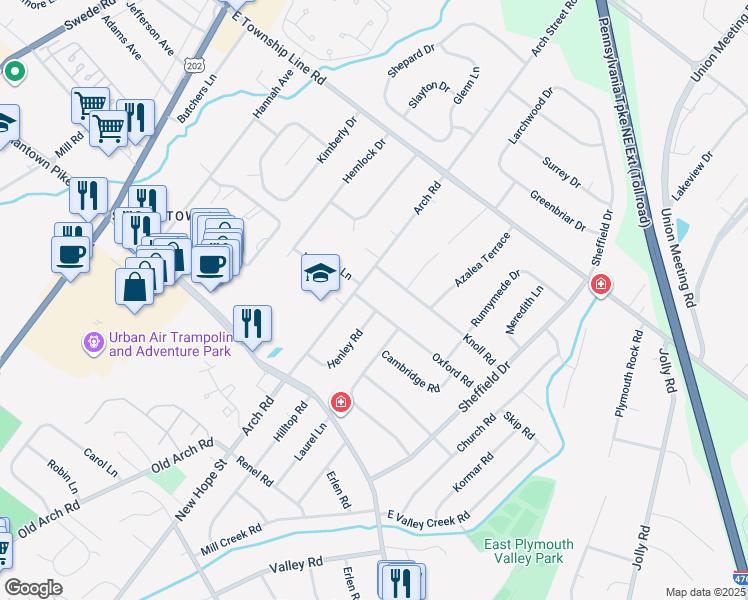 map of restaurants, bars, coffee shops, grocery stores, and more near 317 Oxford Road in Plymouth Meeting