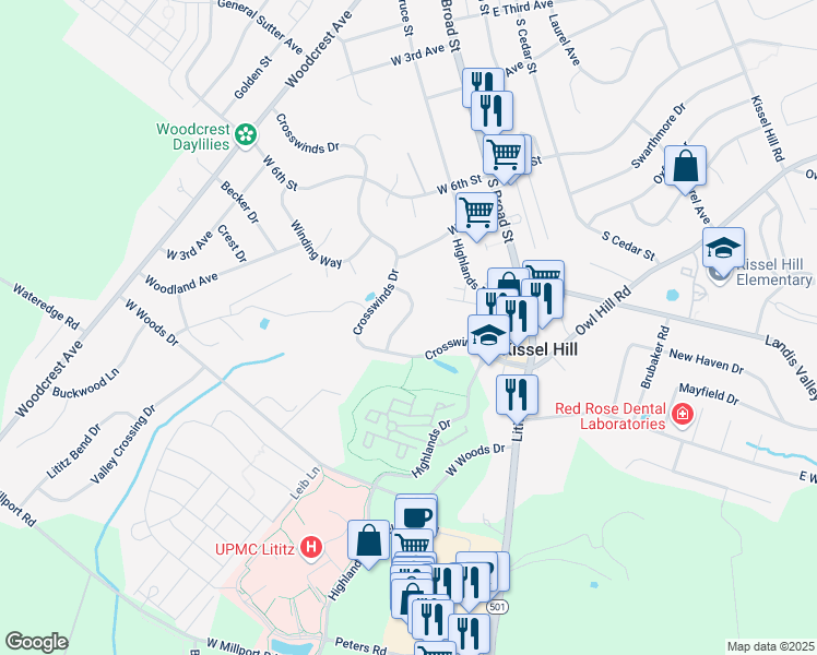 map of restaurants, bars, coffee shops, grocery stores, and more near 27 Heron Road in Lititz