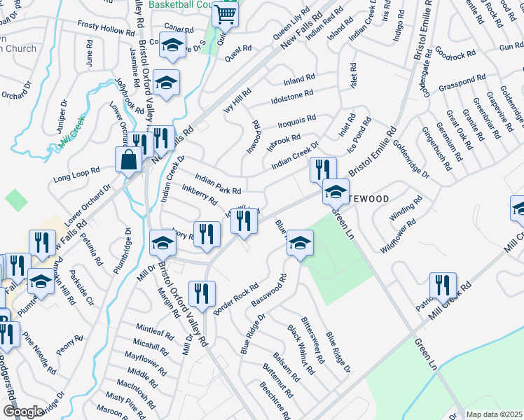 map of restaurants, bars, coffee shops, grocery stores, and more near 109 Idlewild Road in Levittown
