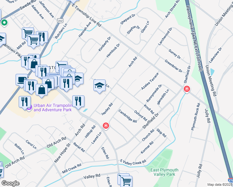 map of restaurants, bars, coffee shops, grocery stores, and more near 317 Oxford Road in Plymouth Meeting