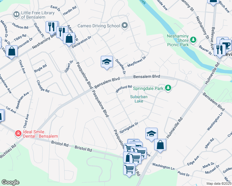 map of restaurants, bars, coffee shops, grocery stores, and more near 5729 Quincy Turn in Bensalem