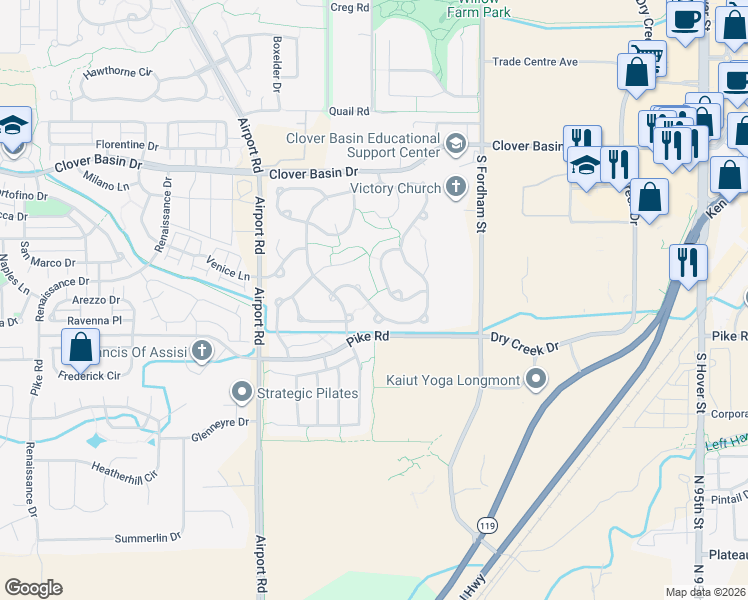 map of restaurants, bars, coffee shops, grocery stores, and more near 1490 Clover Creek Drive in Longmont
