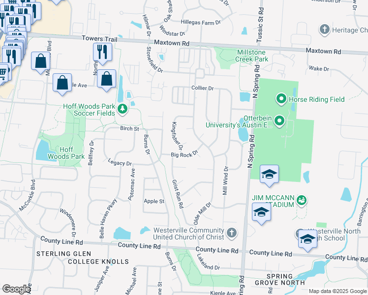 map of restaurants, bars, coffee shops, grocery stores, and more near 653 Big Rock Drive in Westerville