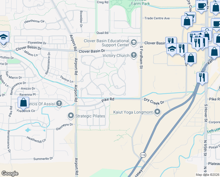 map of restaurants, bars, coffee shops, grocery stores, and more near 1490 Clover Creek Drive in Longmont