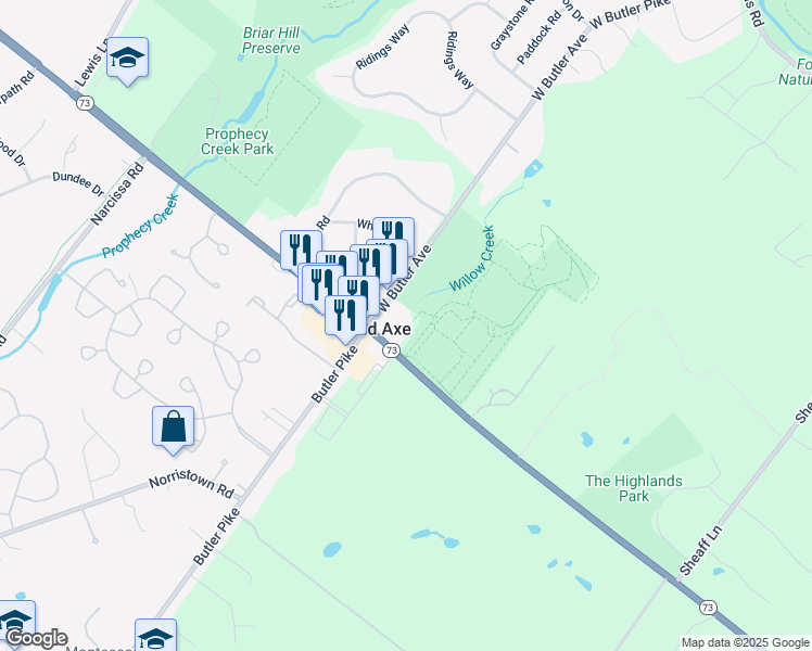 map of restaurants, bars, coffee shops, grocery stores, and more near 7-45 East Skippack Pike in Ambler