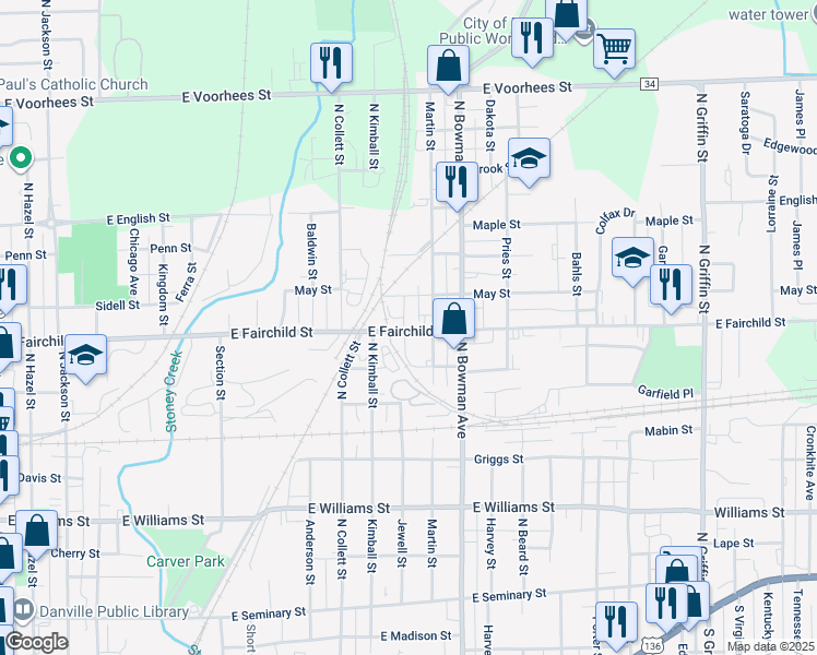 map of restaurants, bars, coffee shops, grocery stores, and more near 806-898 Martin Street in Danville