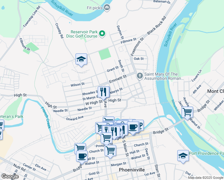 map of restaurants, bars, coffee shops, grocery stores, and more near 221 Ann Street in Phoenixville