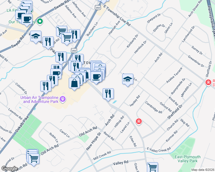map of restaurants, bars, coffee shops, grocery stores, and more near 201 East Germantown Pike in East Norriton