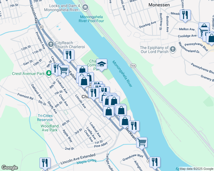 map of restaurants, bars, coffee shops, grocery stores, and more near 100 Chamber Plaza in Charleroi