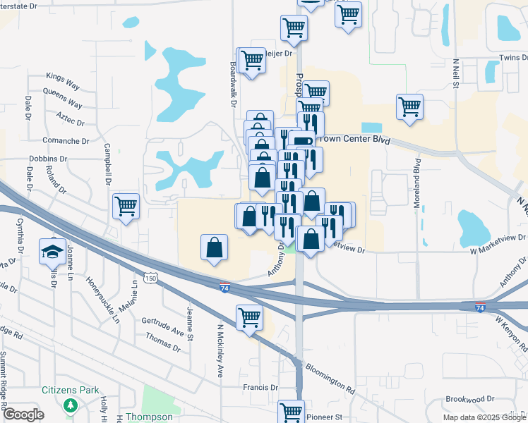 map of restaurants, bars, coffee shops, grocery stores, and more near 2005 North Prospect Avenue in Champaign