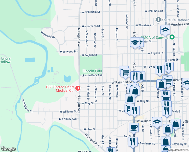 map of restaurants, bars, coffee shops, grocery stores, and more near 999 North Sherman Street in Danville