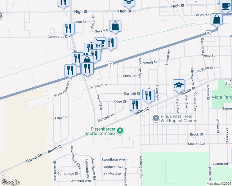 map of restaurants, bars, coffee shops, grocery stores, and more near 1526 Edge Street in Piqua
