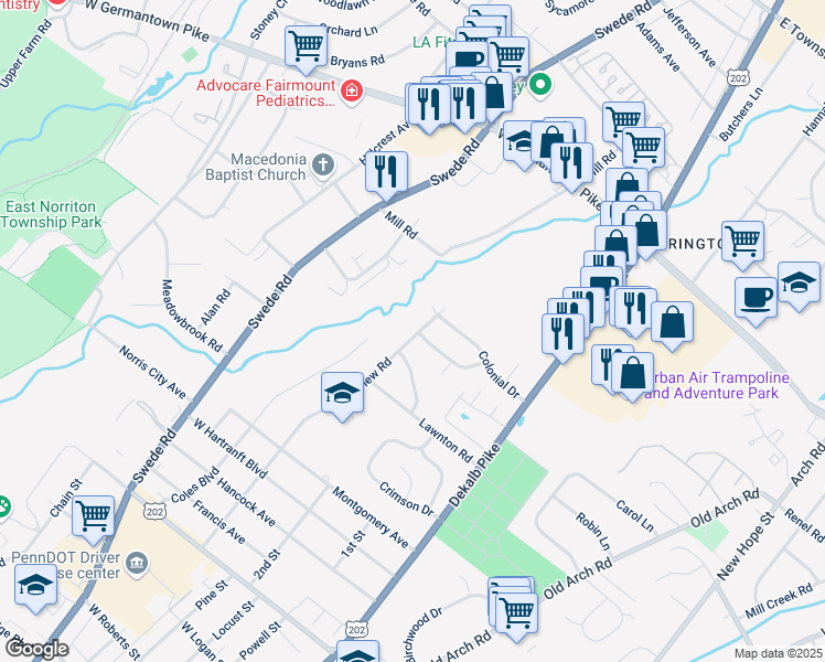 map of restaurants, bars, coffee shops, grocery stores, and more near 2523 Springview Road in Norristown