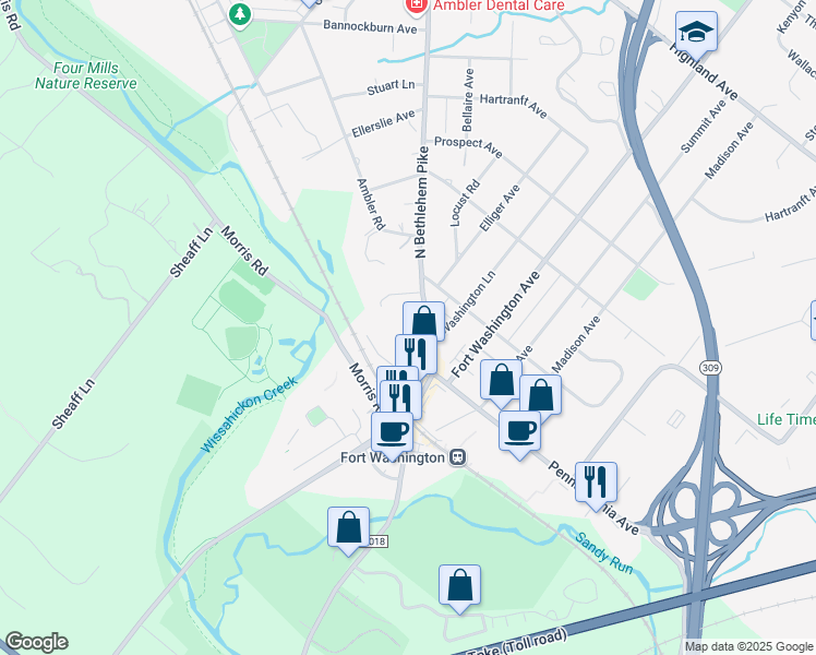 map of restaurants, bars, coffee shops, grocery stores, and more near 120 North Bethlehem Pike in Fort Washington
