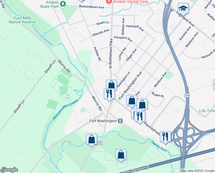 map of restaurants, bars, coffee shops, grocery stores, and more near 106 State Route 2018 in Fort Washington