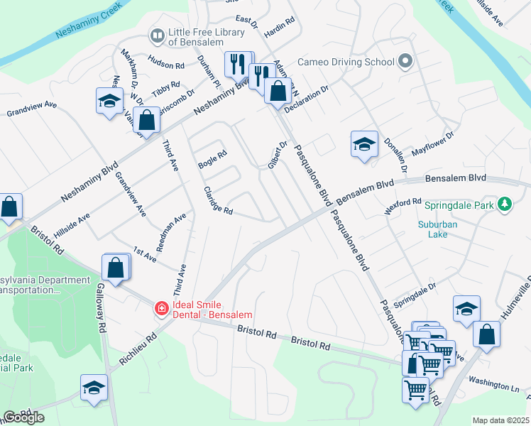 map of restaurants, bars, coffee shops, grocery stores, and more near 3222 Drexel Road in Bucks County