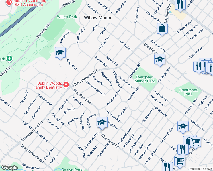 map of restaurants, bars, coffee shops, grocery stores, and more near 2875 Senak Road in Abington