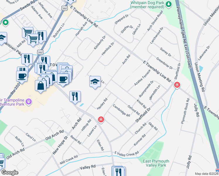 map of restaurants, bars, coffee shops, grocery stores, and more near 2923 Henley Road in Plymouth Meeting