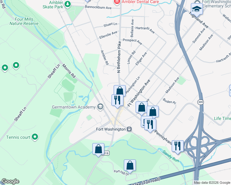 map of restaurants, bars, coffee shops, grocery stores, and more near 106 State Route 2018 in Fort Washington