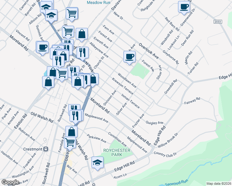 map of restaurants, bars, coffee shops, grocery stores, and more near 300 Quigley Avenue in Willow Grove
