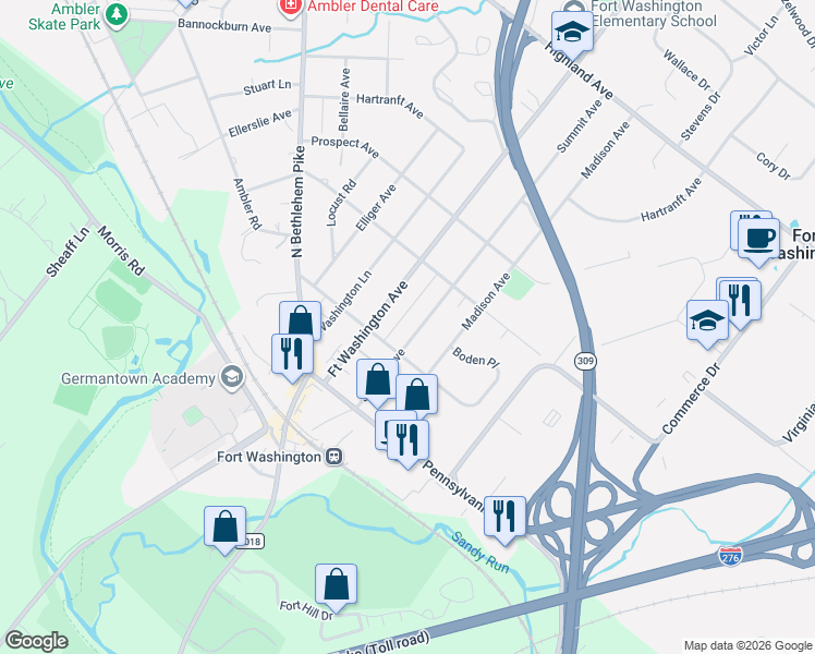 map of restaurants, bars, coffee shops, grocery stores, and more near 203 Summit Avenue in Fort Washington