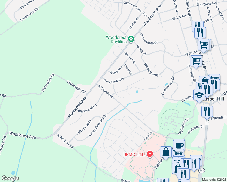 map of restaurants, bars, coffee shops, grocery stores, and more near 11 Springview Drive in Lititz