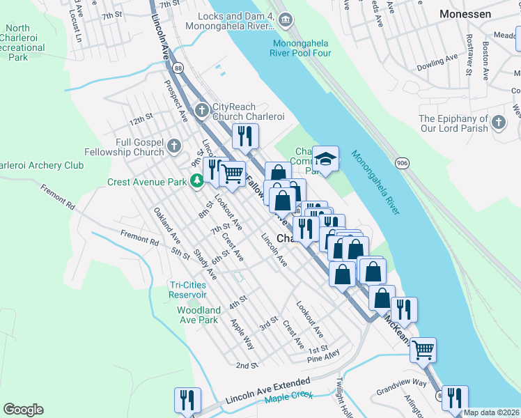 map of restaurants, bars, coffee shops, grocery stores, and more near 601 Washington Avenue in Charleroi