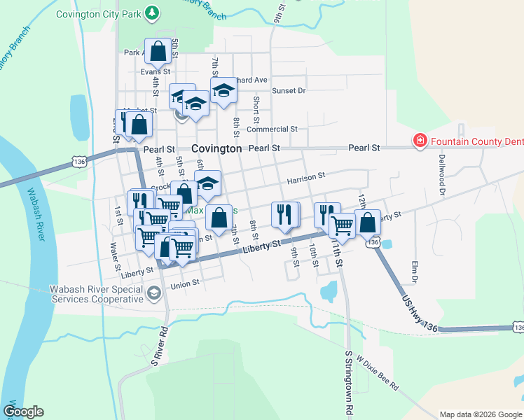 map of restaurants, bars, coffee shops, grocery stores, and more near 801 Washington Street in Covington