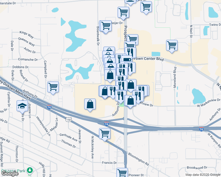 map of restaurants, bars, coffee shops, grocery stores, and more near 2005 North Prospect Avenue in Champaign