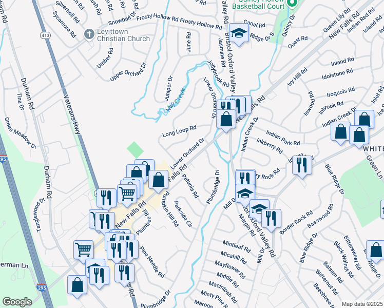 map of restaurants, bars, coffee shops, grocery stores, and more near in Levittown