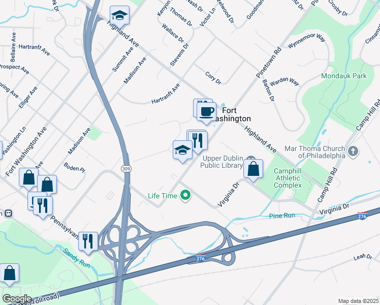 map of restaurants, bars, coffee shops, grocery stores, and more near 414 Commerce Drive in Fort Washington