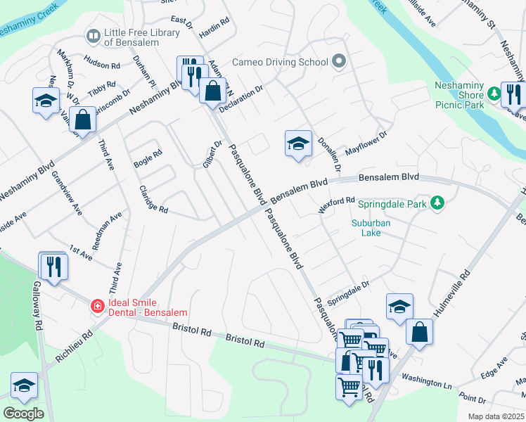 map of restaurants, bars, coffee shops, grocery stores, and more near 6350 Bensalem Boulevard in Bensalem