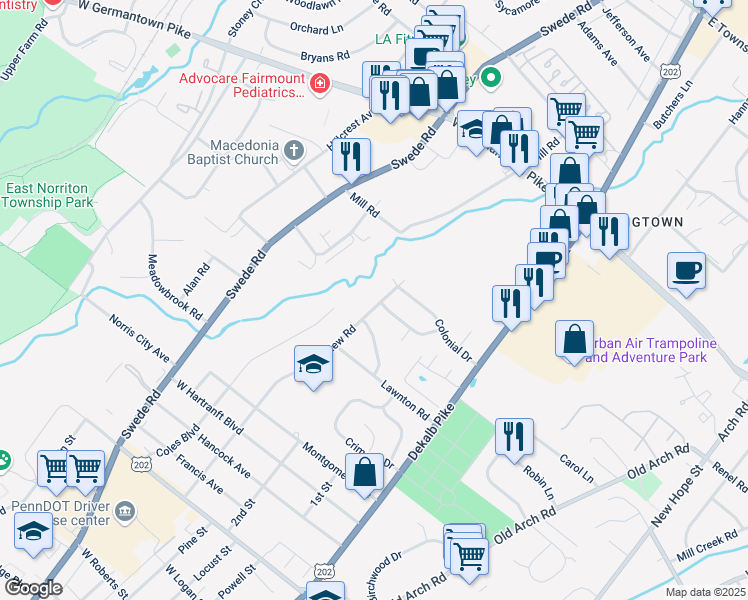 map of restaurants, bars, coffee shops, grocery stores, and more near 2523 Springview Road in Norristown