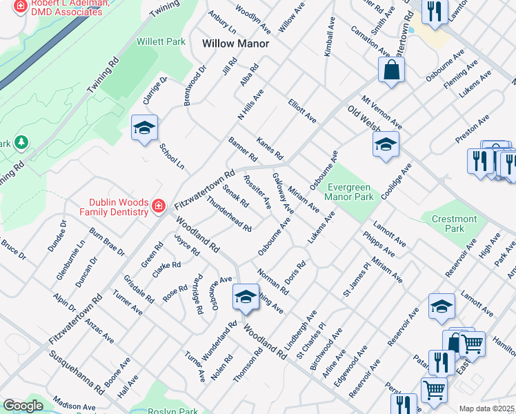 map of restaurants, bars, coffee shops, grocery stores, and more near 2875 Senak Road in Abington