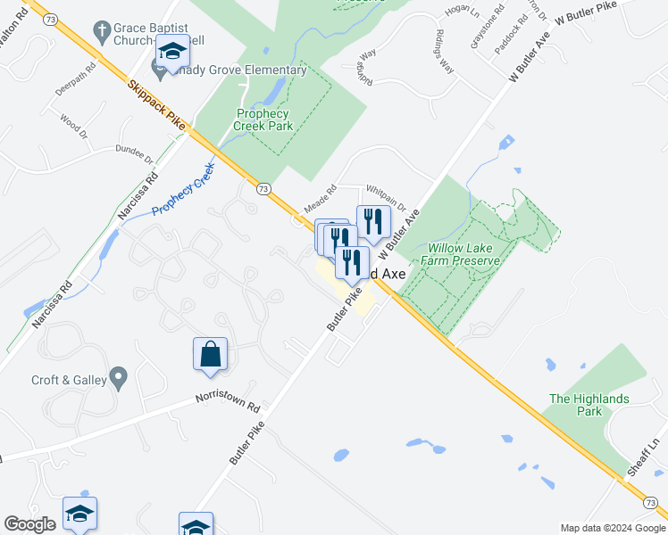 map of restaurants, bars, coffee shops, grocery stores, and more near 40 Skippack Pike in Ambler
